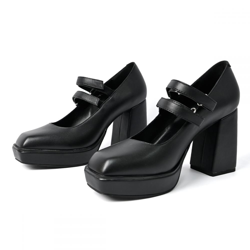 Black Platform Mary Jane Heels Square Toe Velcro Shoes Nicepairs