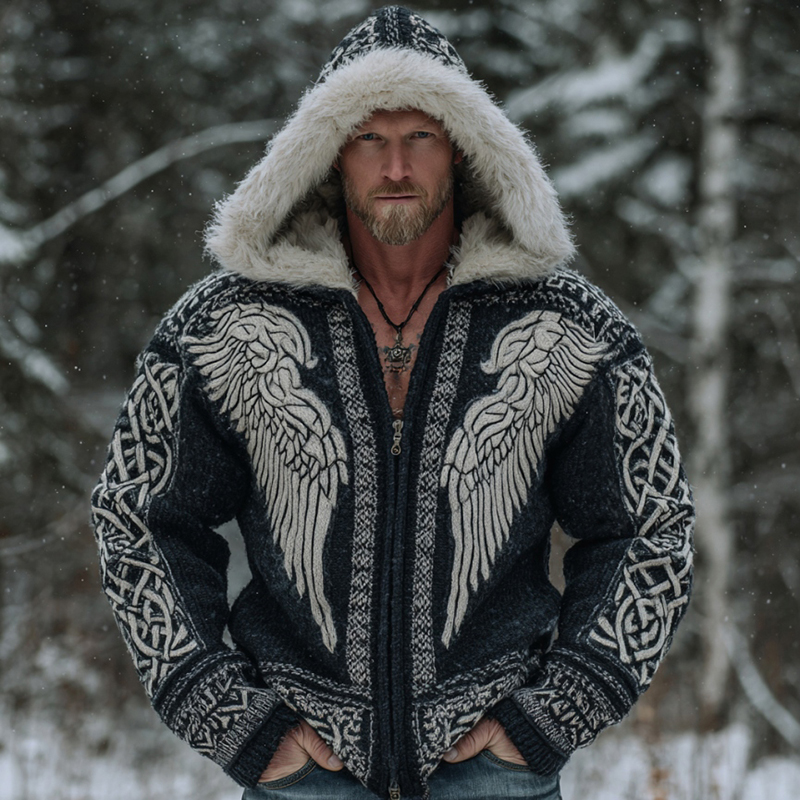 Men's Vintage Viking Celtic Wing Cozy Fur Collar Knit Hooded Sweater Jacket elevenforest