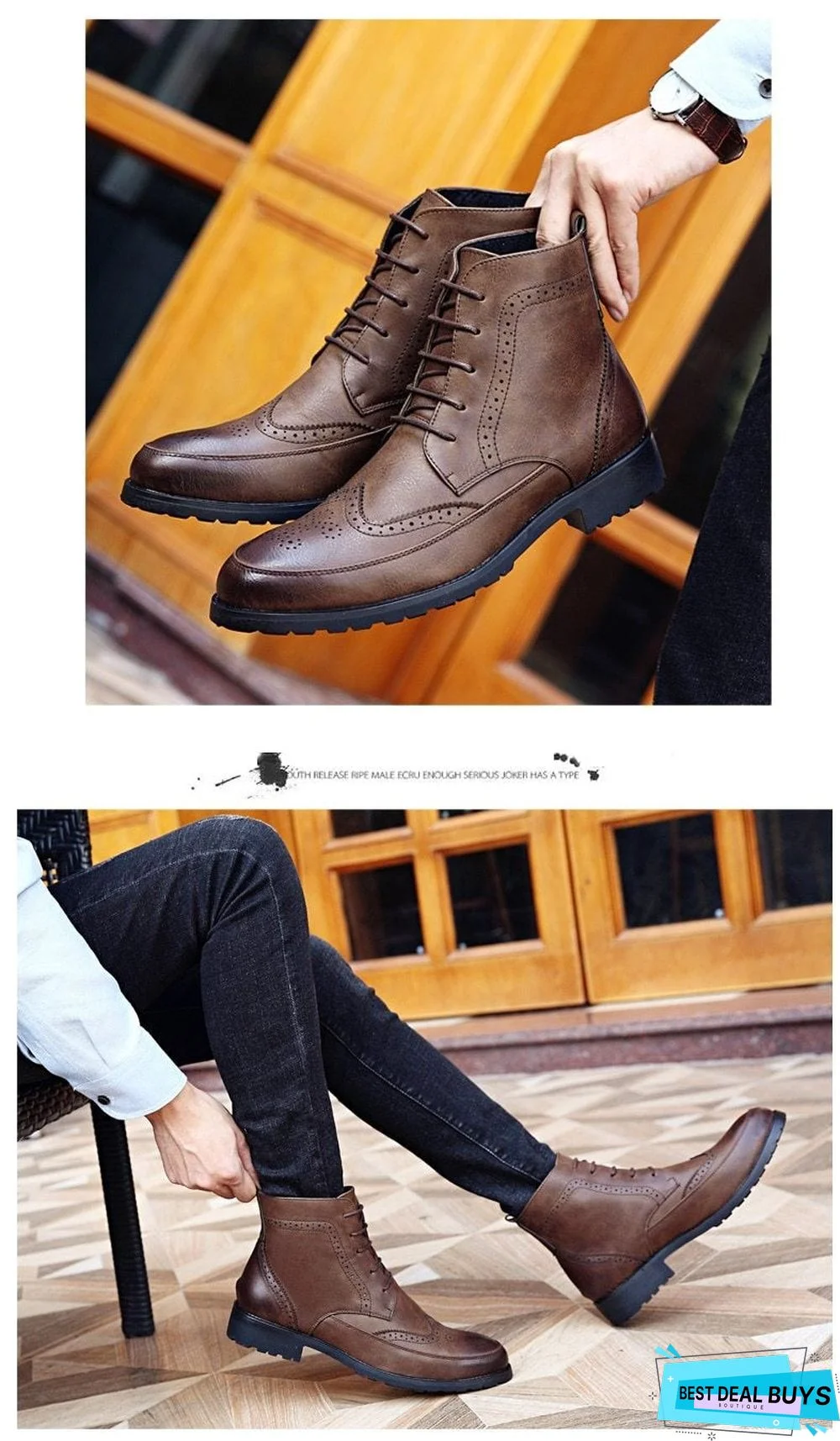 Men Pu Leather Ankle Oxford Boots British Style Male Casual Lace Up Derby Shoes Retro Carved Flower Brogue Shoes