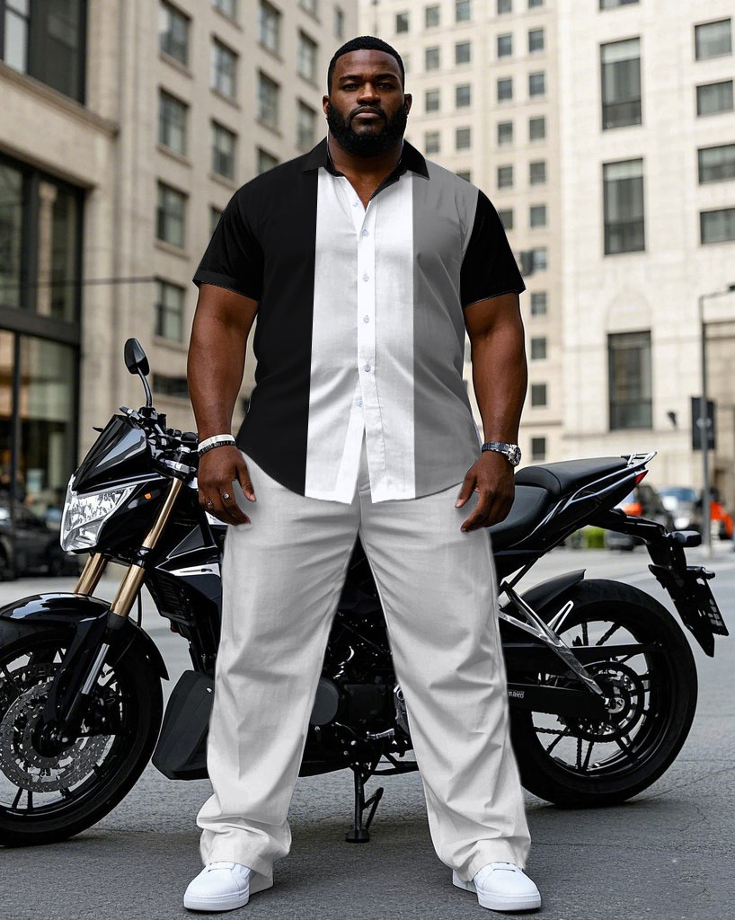 Men's Plus Size Classic Black & White & Grey Colorblock Short Sleeve Shirt Trousers Suit