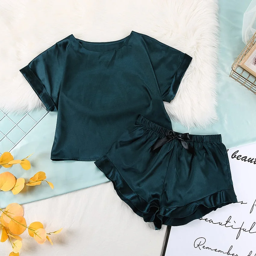 Graduation Gifts Ruffle Short Pants Sets Woman Summer Satin Pajamas For Women Nightwear Round Neck Sleep Tops  Nightgown Green Homewear