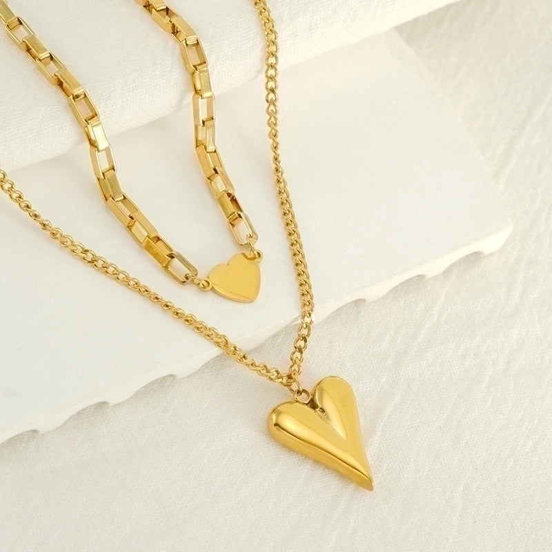 304 Stainless Steel 18K Gold Plated Minimalist Plating Heart Shape Double Layer Necklaces