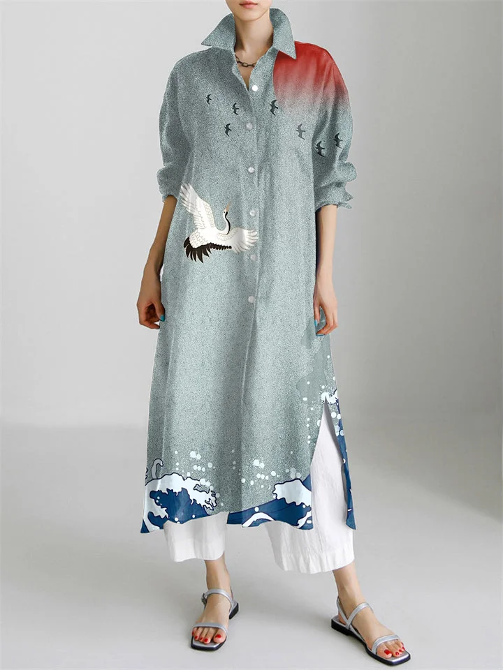 Flying Cranes Japanese Art Pattern Long Sleeve Slit Shirt Dress