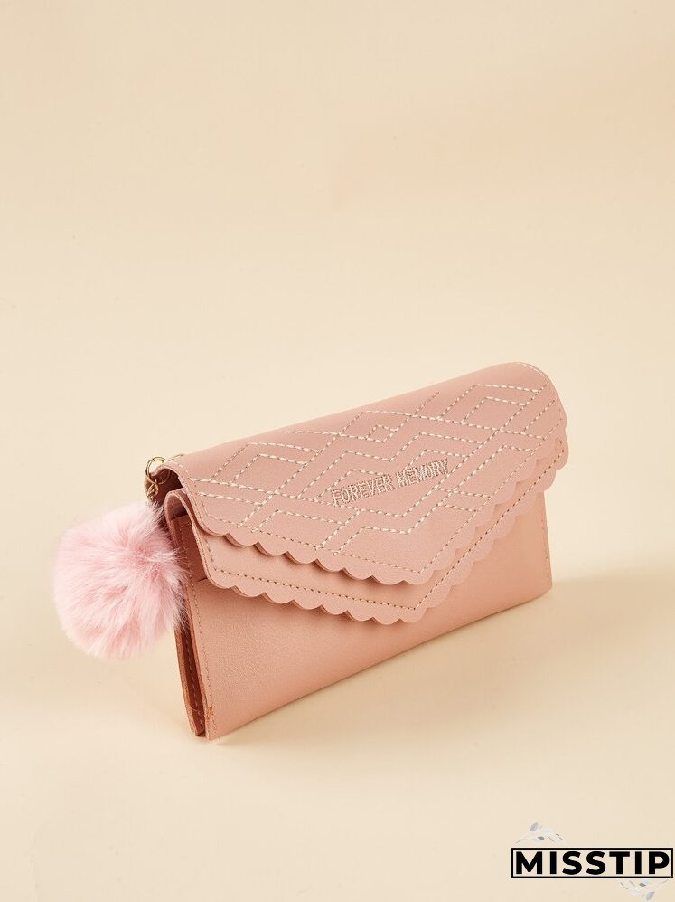 Letter Embroidered Scallop Trim Pom Pom Decor Long Wallet