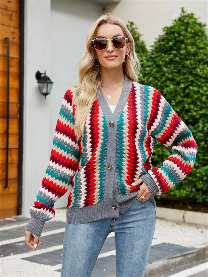 Loose Knit Single Breasted Cardigan Striped Sweater for Women