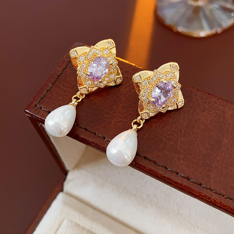 Luxurious Flower Droplet Flower Artificial Pearl Zircon Inlay Earrings