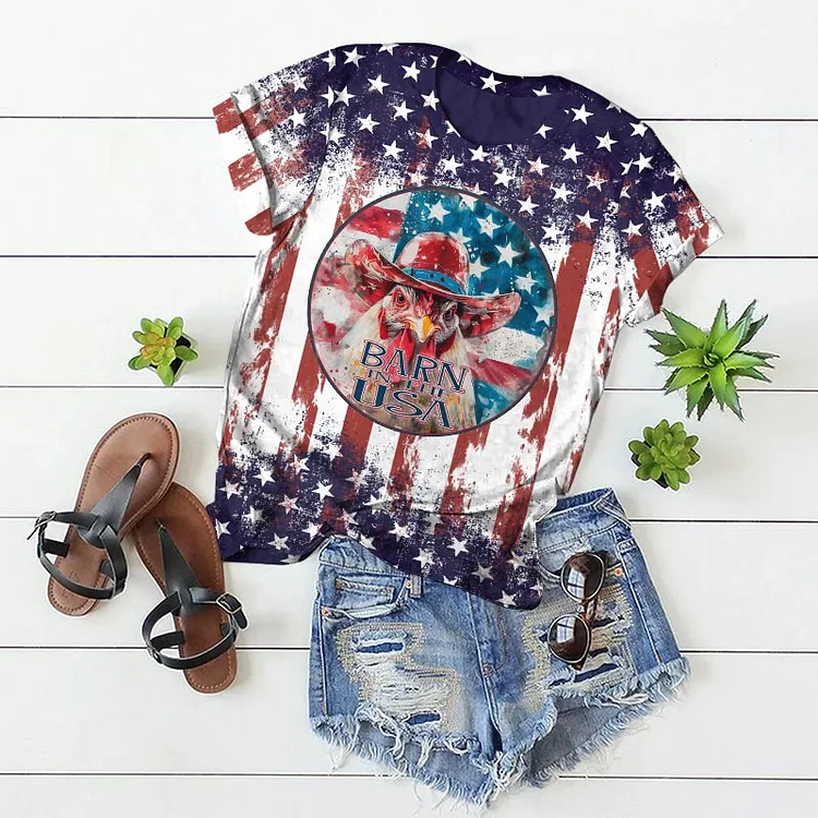 Women's American Flag Color Barn In The Usa Print Casual Short Sleeve T-shirt