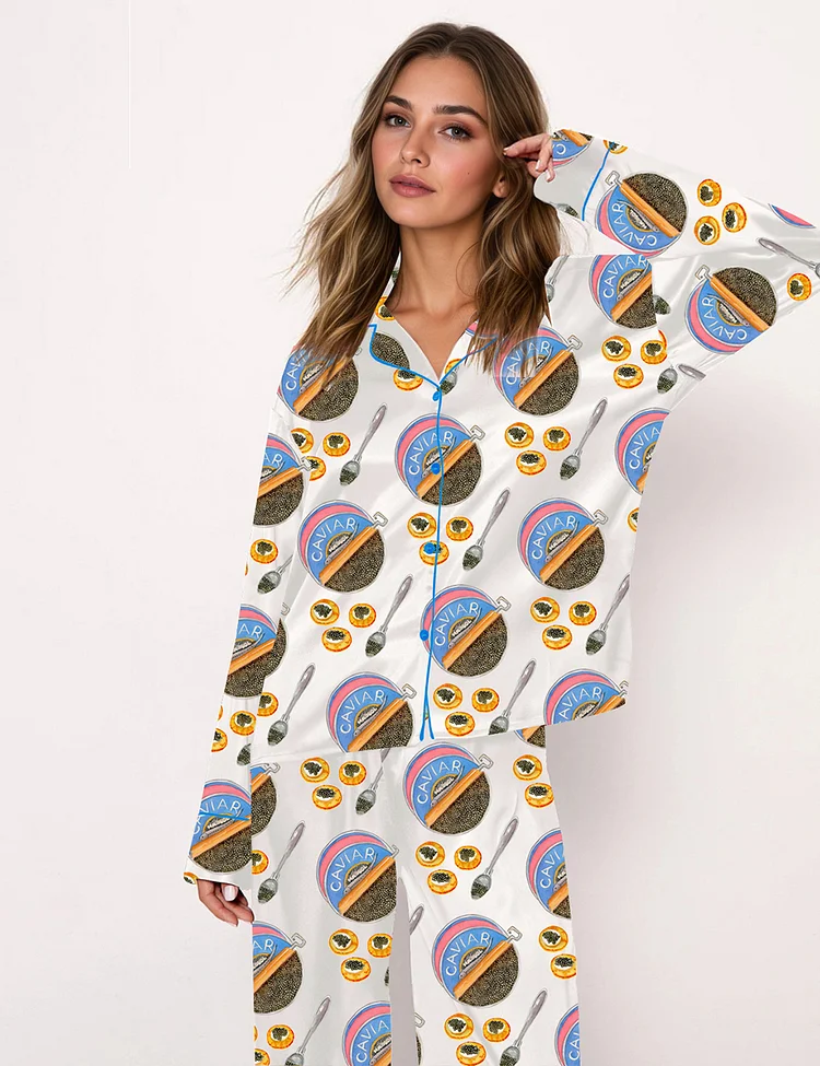 Women's Watercolor Caviar Art Print Long Sleeve Pajama Set