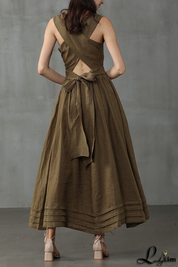 Cross Back O Neck Maxi Linen Dress