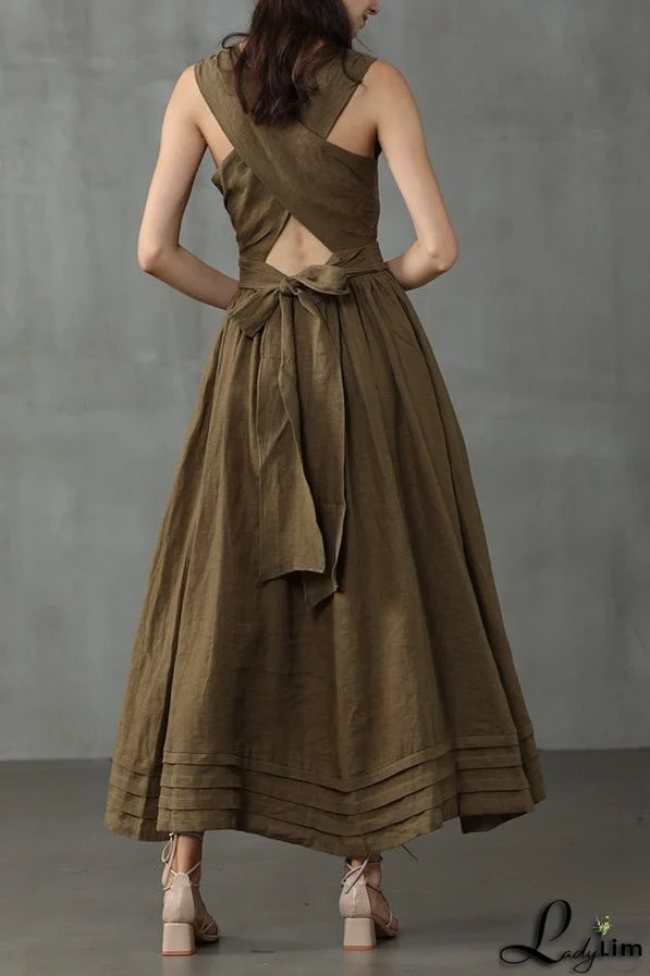 Cross Back O Neck Maxi Linen Dress
