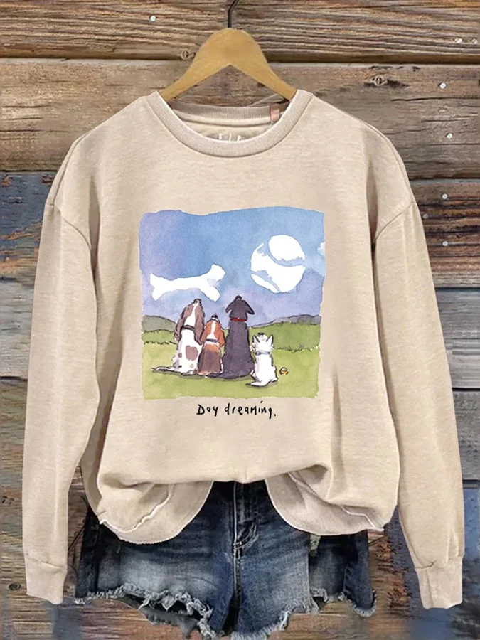 “Dog Dreaming” Printed Casual Crew Neck Sweatshirt