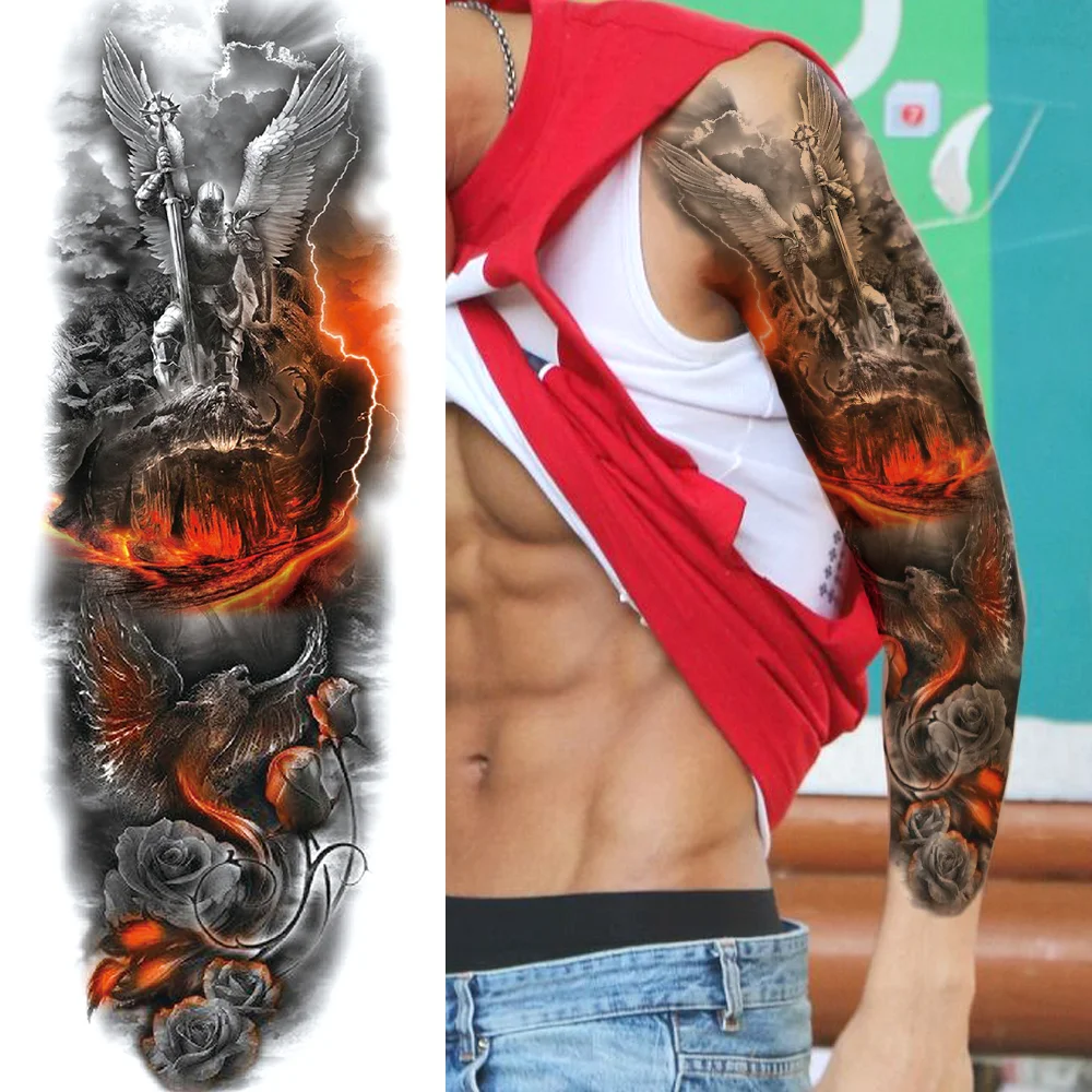 Sdrawing Military Wolf Temporary Tattoos Sleeve For Men Adult Fake 3D Lion Skull Tatoos Sticker Full Arm Warriors Tattoos For Show