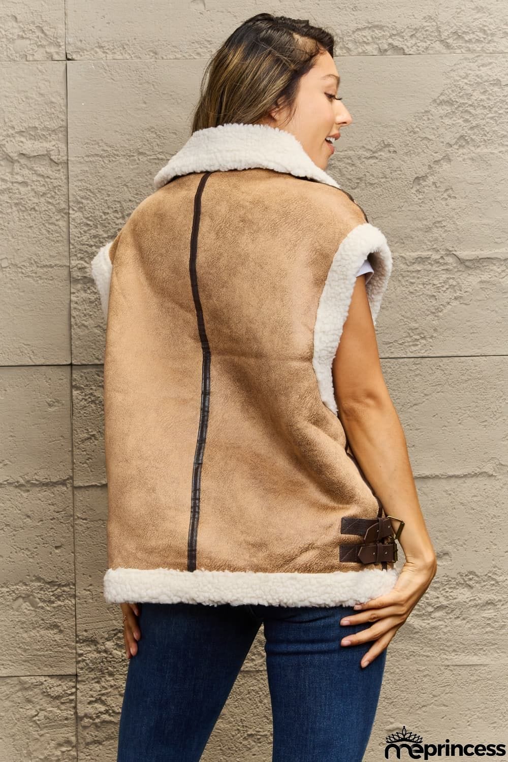 Collared Zip-Up Suede Sherpa Vest