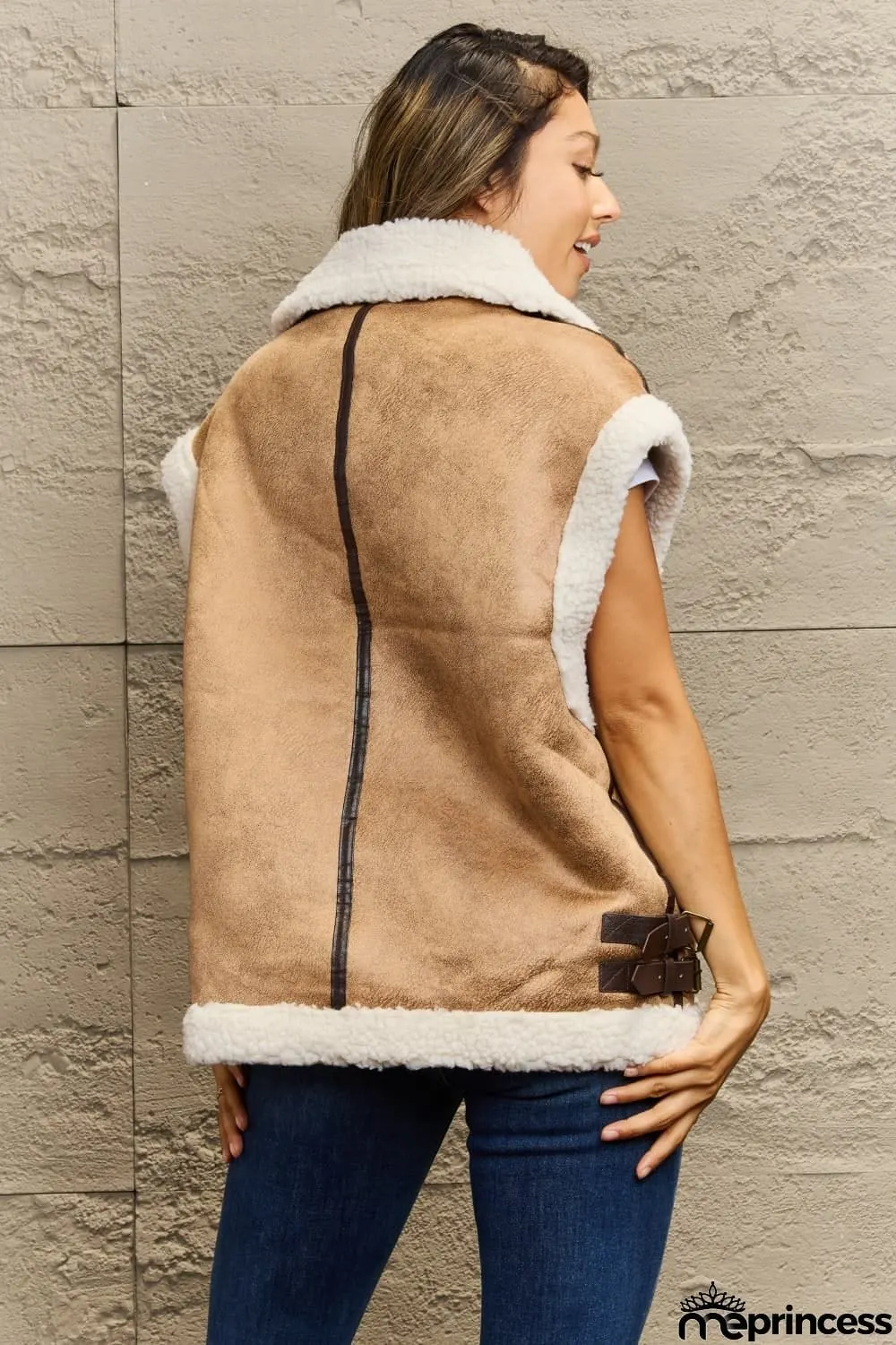 Collared Zip-Up Suede Sherpa Vest