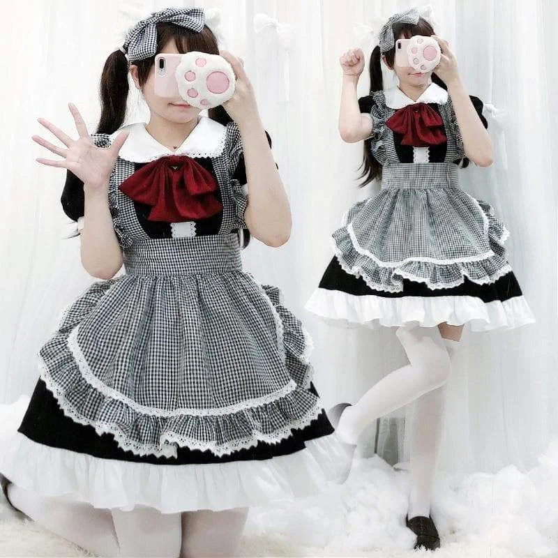 Cute Black White Plaid Lolita Maid Dress SP15985