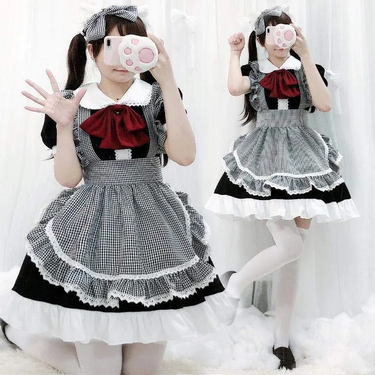 Cute Black White Plaid Lolita Maid Dress SP15985