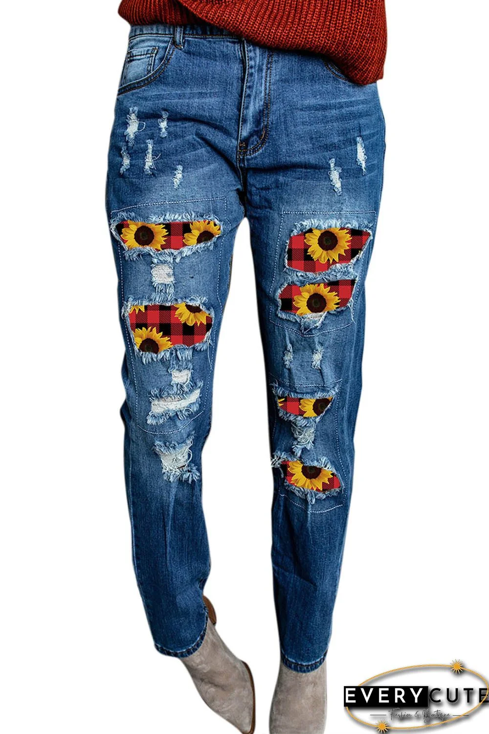 Sunflower Plaid Patch Ripped Boyfriend Jeans