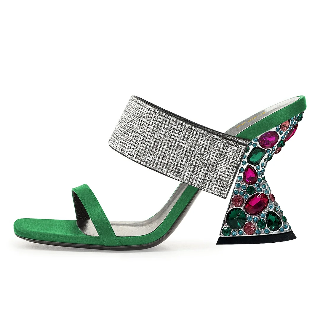 Satin Rhinestone Embellished Decorative Heel Green Mules for Women