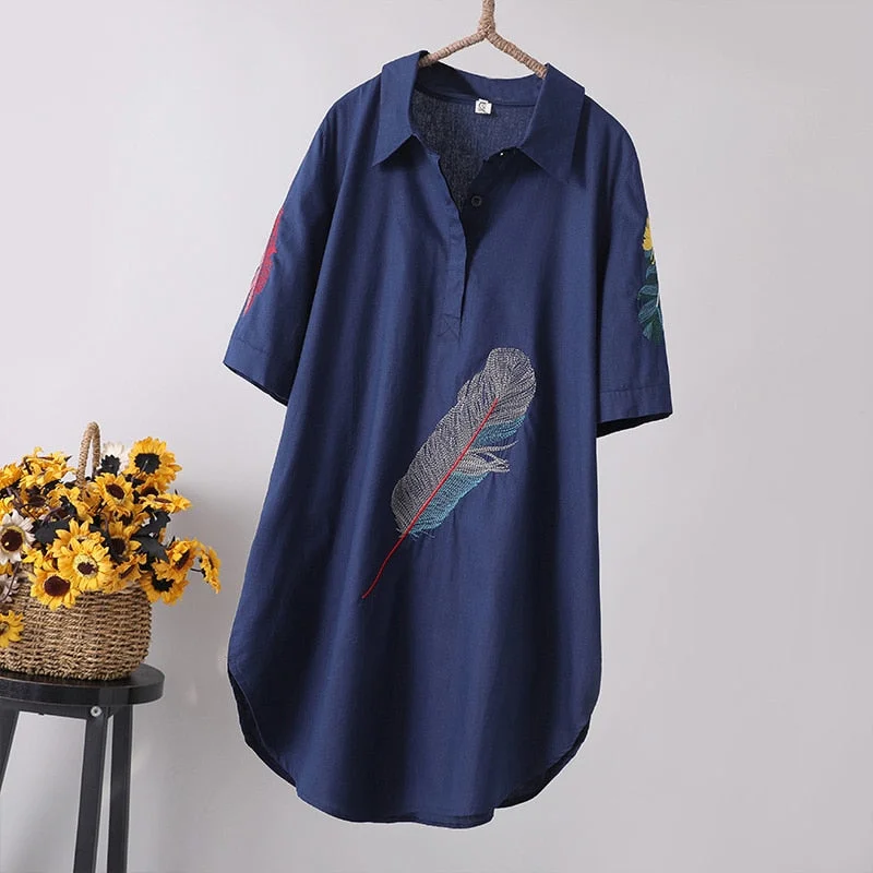 New Arrival Women Feather Embroidery Long Cotton White Blouse Summer Short Sleeve White Female Shirt Turn-Down Collar Top T96401