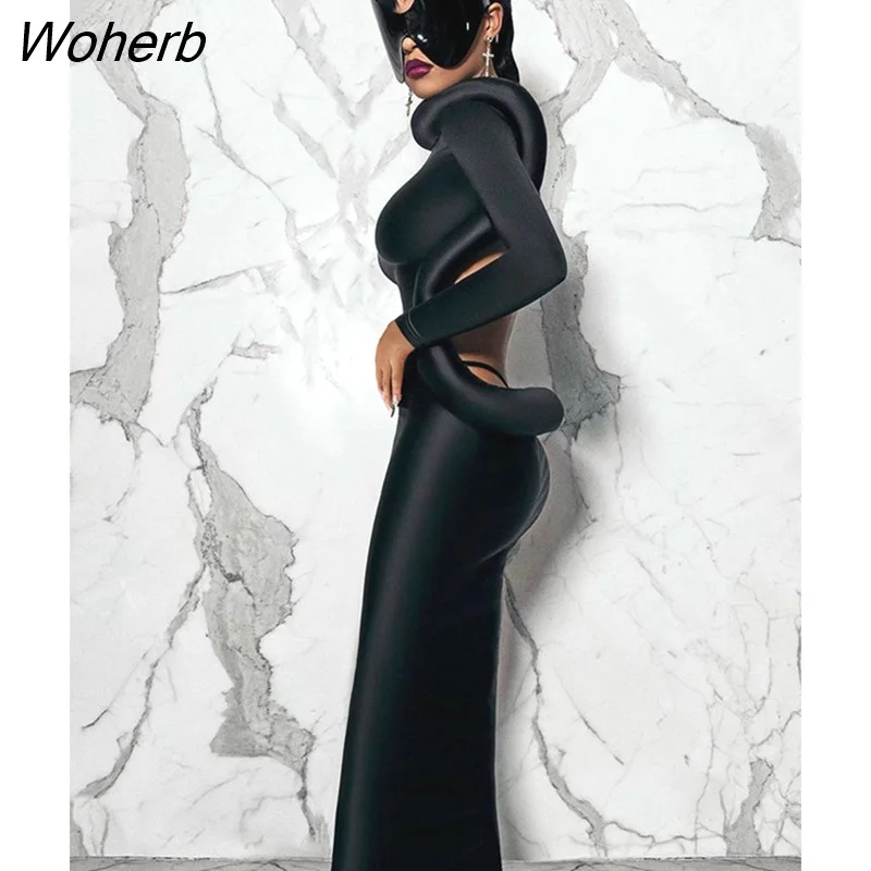 Woherb Puss Backless Women Dress 3D Design Long Sleeve Skinny Maxi Bodycon Solid Black Street Trend Streetwear Vestidos Clothing
