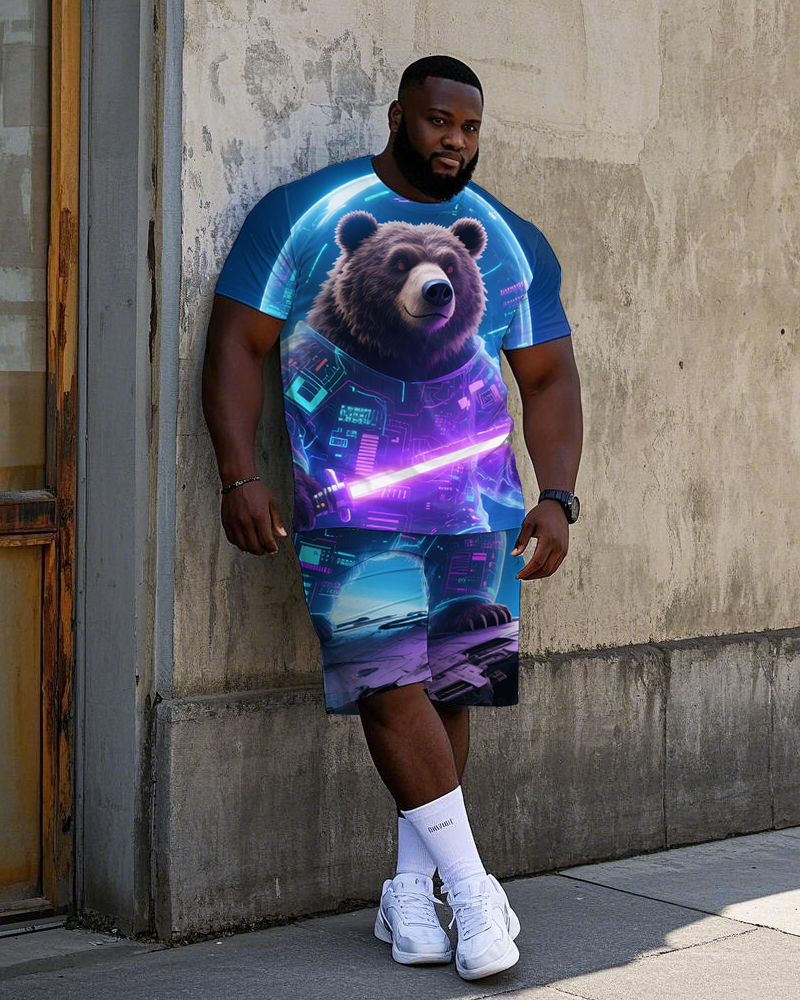 Big Guy's Abstract Bear with Lightsaber Technology Theme Short Sleeve T-Shirt Shorts Set