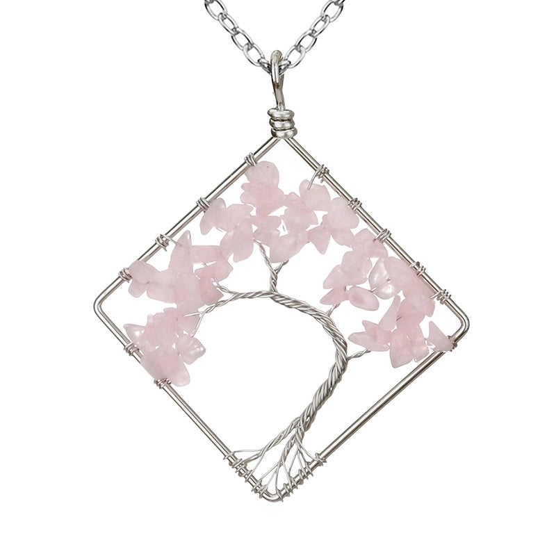 Fashion Square Tree Natural Stone Crystal Metal Beaded Hollow Out Pendant Necklace 1 Piece