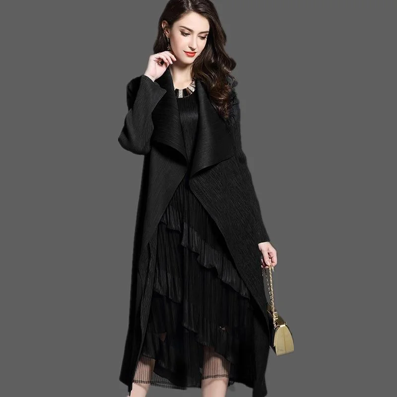 Women Fashion Pleated Long Windbreaker Turn Down Collar Open Cardigan Black Green Gray Red Khaki  Female Clothing Coat Shawl