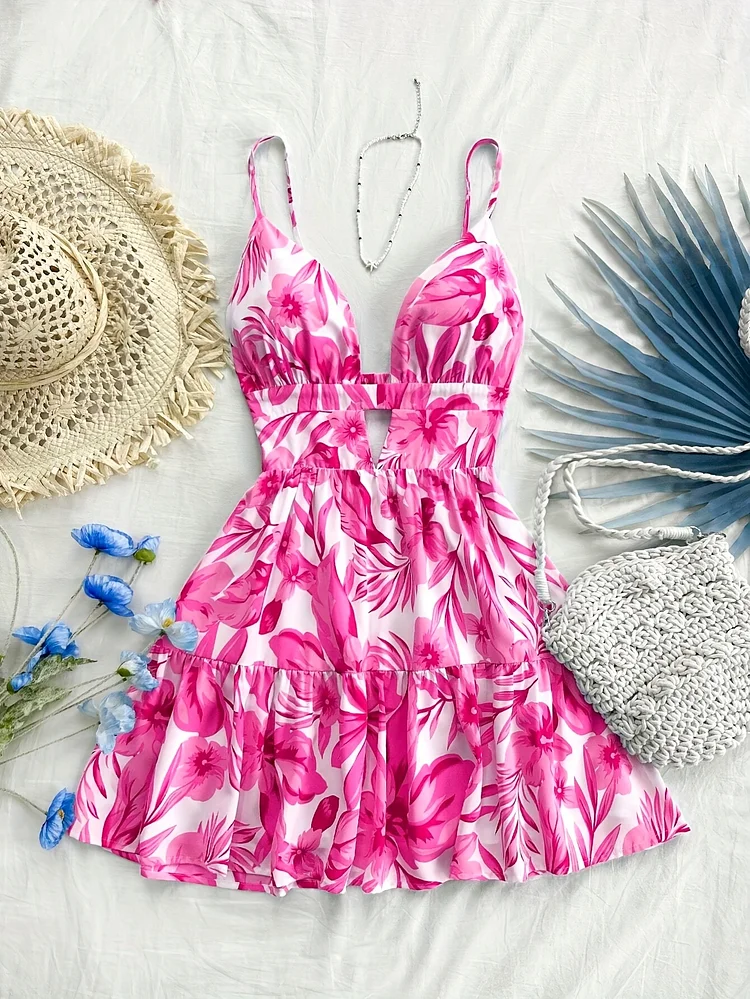 Women's Pink And White Floral Print Halter Neck Swimsuit - Deep V-Neck, Tiered Skirt, Perfect For Beach And Pool, Vacation Essentials, Beach Swimsuit | Floral Swimsuit | Ruched Detail, Beach Clothe