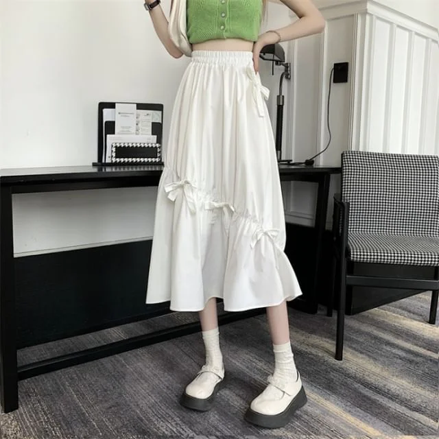 Waist Bow Midi Skirt Plain A-Line High