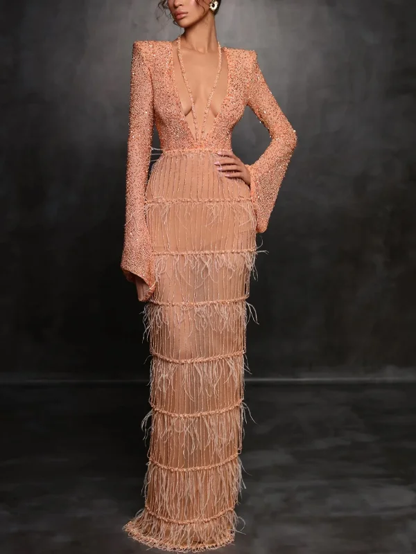 Deep V Neck Lace Sequin Feather Maxi Dress