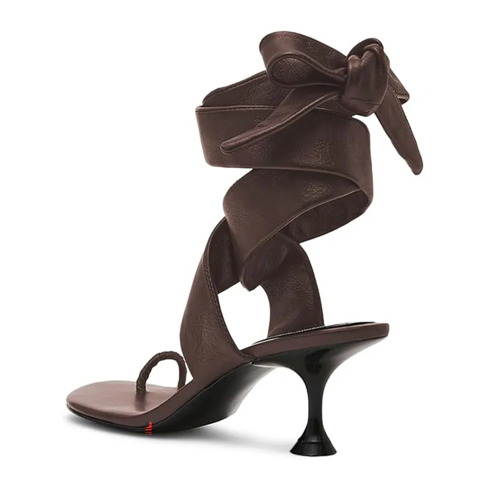 Fashion Brown Faux Leather Spool Heel Cross Lace Up Toe Ring Sandals