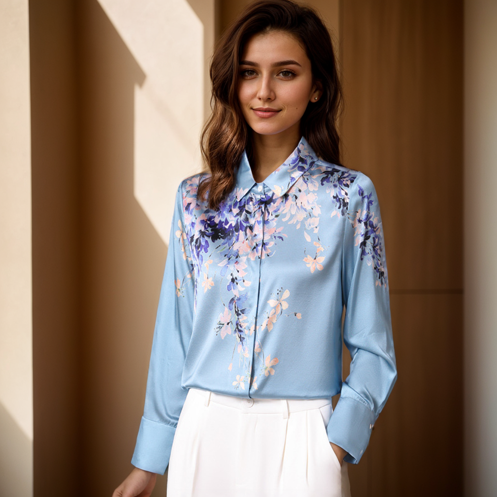 Blue Print Silk Blouses For Women Elegant Long Sleeves REAL SILK LIFE