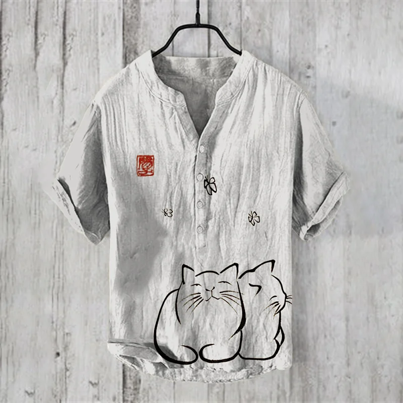 Japanese Ink Painting Of Two Cats And Butterflies Art Linen Blend Shirt