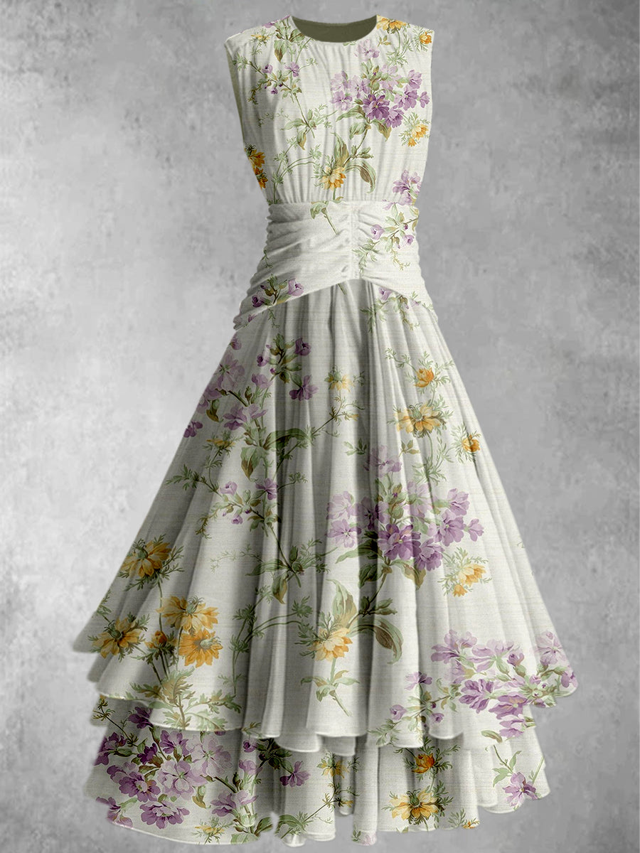Retro Floral Art Print  Elegant Chic Double Layer Sleeveless Maxi Dress