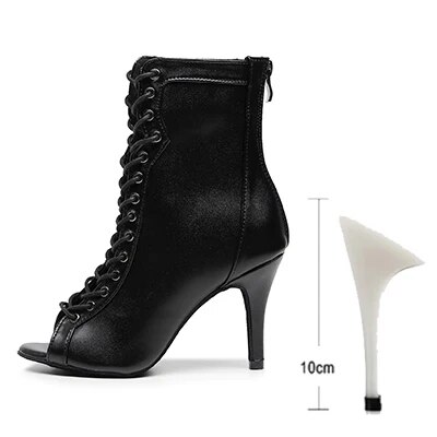 VCshoes Woman Black Brown Latin Jazz Dance Shoes Open Toe High Heel Stiletto Bootie Girls Slim Heel 8.5cm/10cm Dance Boots