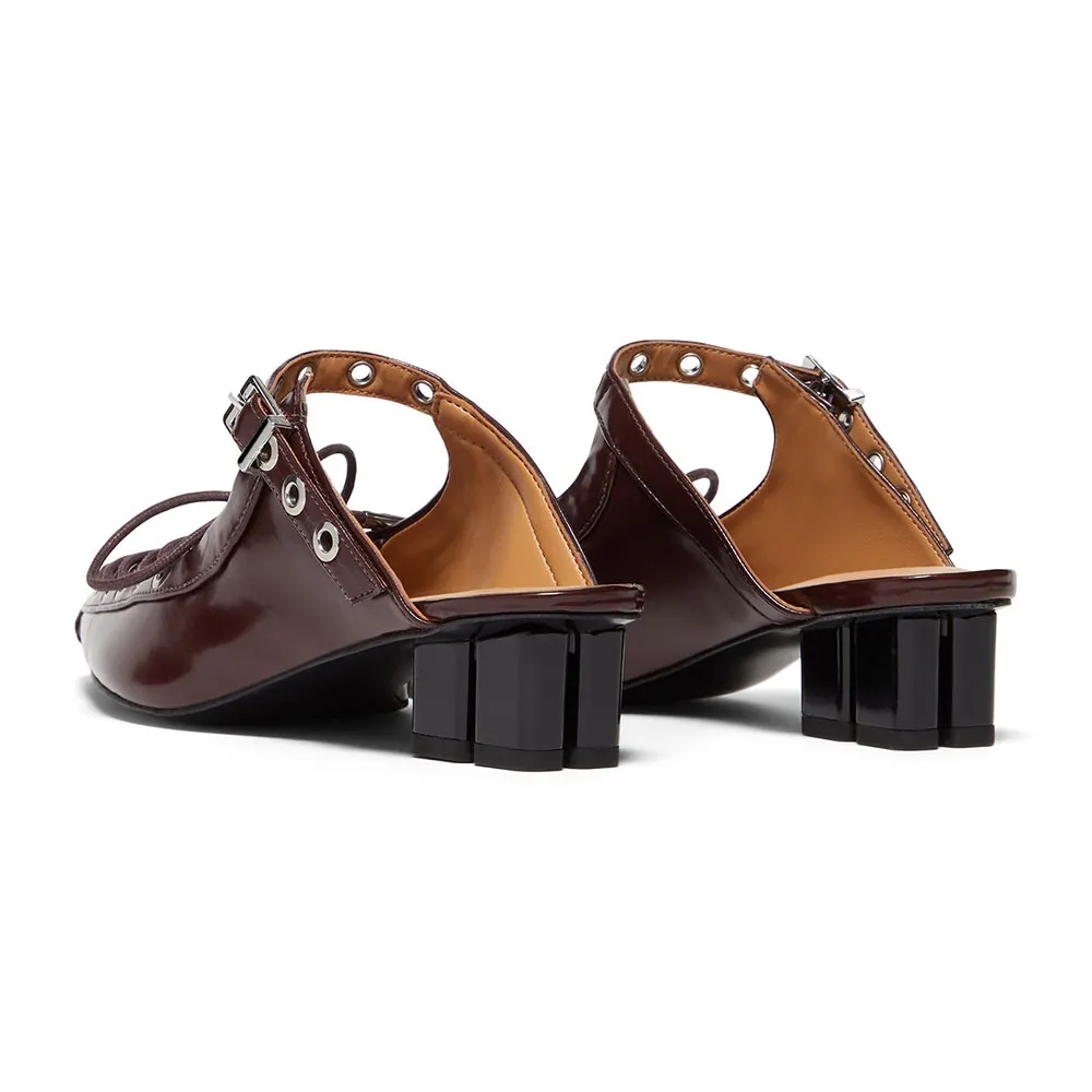 Women's Maroon Lace-Up Buckled Pointed Toe Casual Heeled Mules