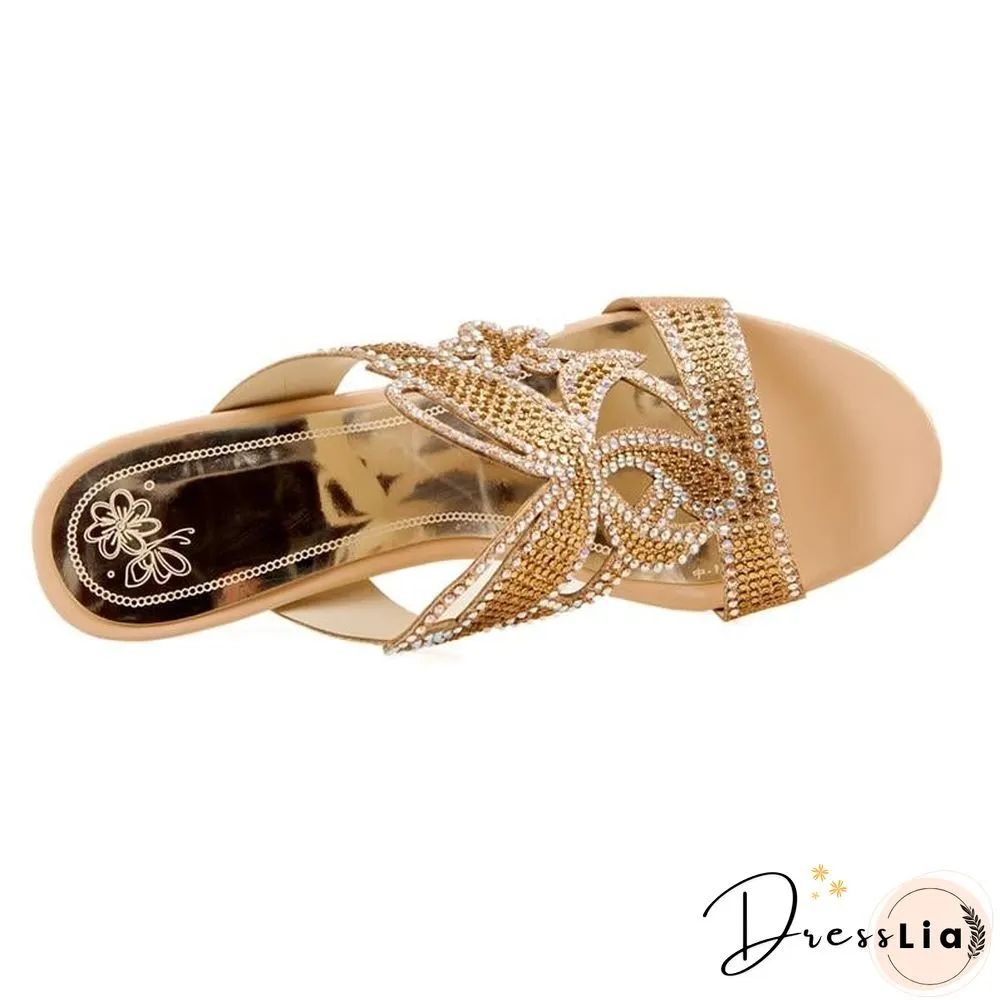 Women Rhinestone Sandals Crystals Cutout Wedge High Heel Open Toe Platform Sandals