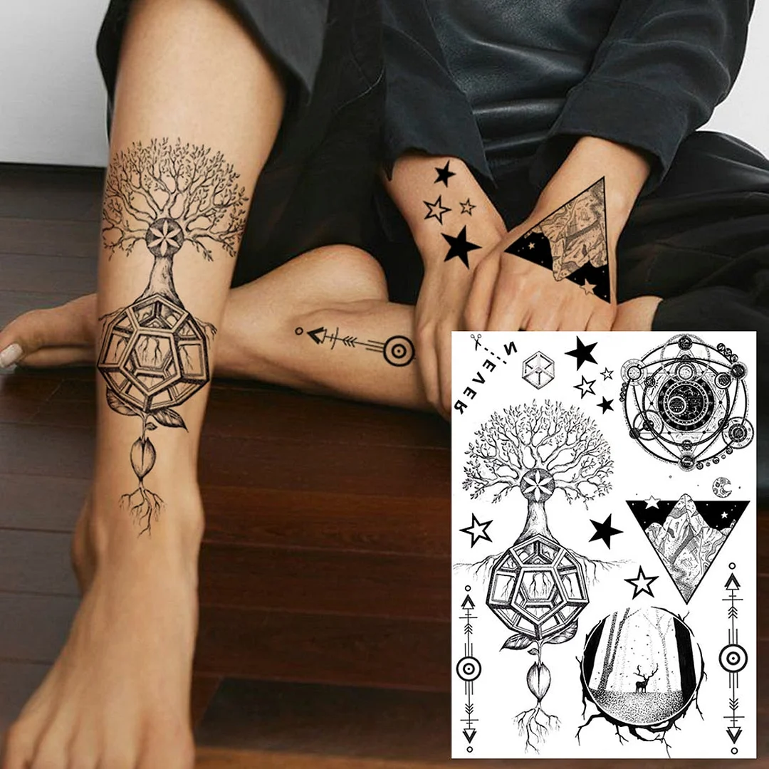 Realistic Fake Black Animal Temporary Tattoos Sticker For Men Women Geometric Wolf Outer Space Tatoo Temporary Decal For Kids