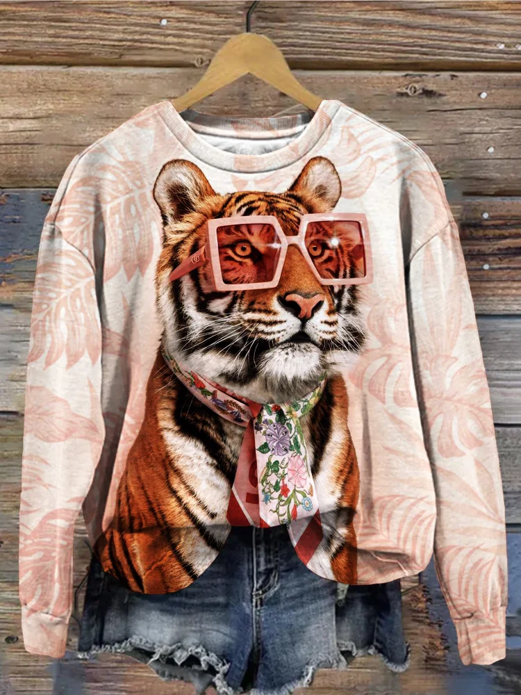 Fashion Tiger Art Crew Neck Washed Sweatshirt