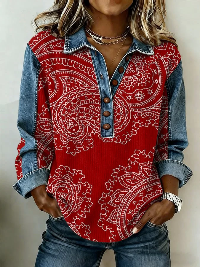 Women's Western-Style Paisley Print Lapel And Button Design Knitted Top 