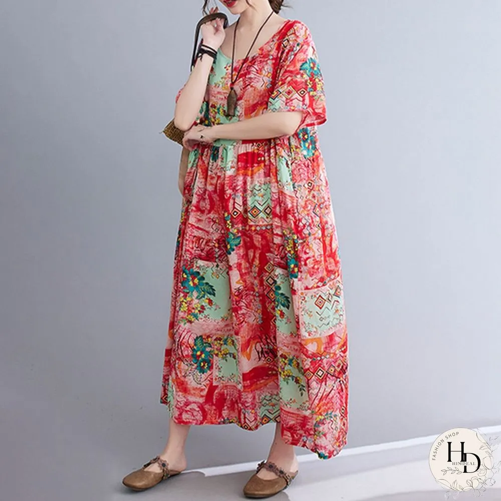 ZANZEA Women Half Sleeve Round Neck Dress Floral Print Summer Dress Casual Loose Long Dress