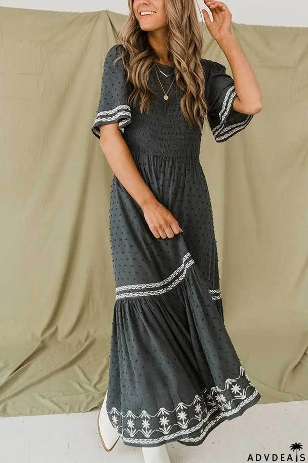 Dot Flares Sleeve Smocked Maxi Dress