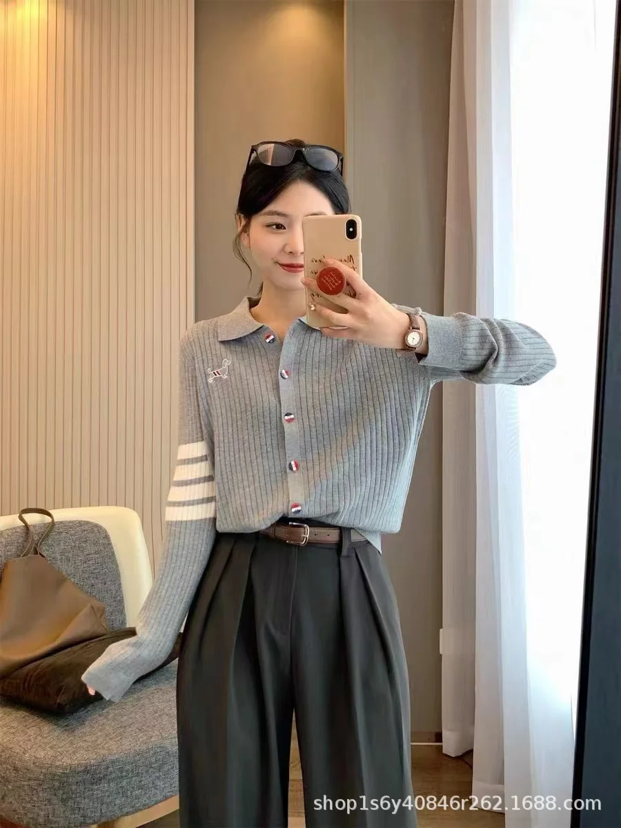 Nigikala Nigikala Bumping Color With A Soft Glutinous Wool Knit POLO Collared Thin Coat Female Spring Animal Embroidered Opener