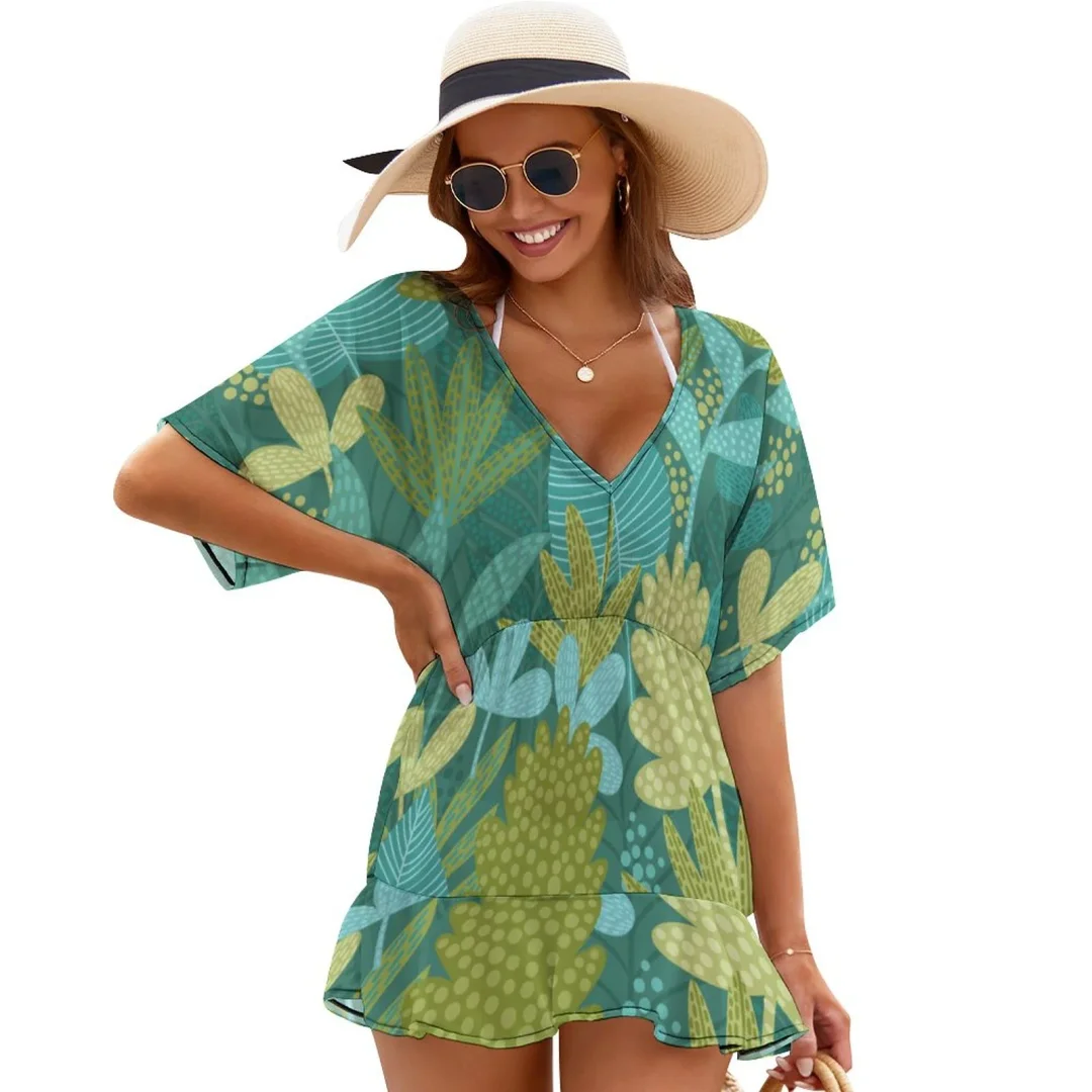 Abstract Leaves Summer Beach Chiffon Mini Cover Up Dress