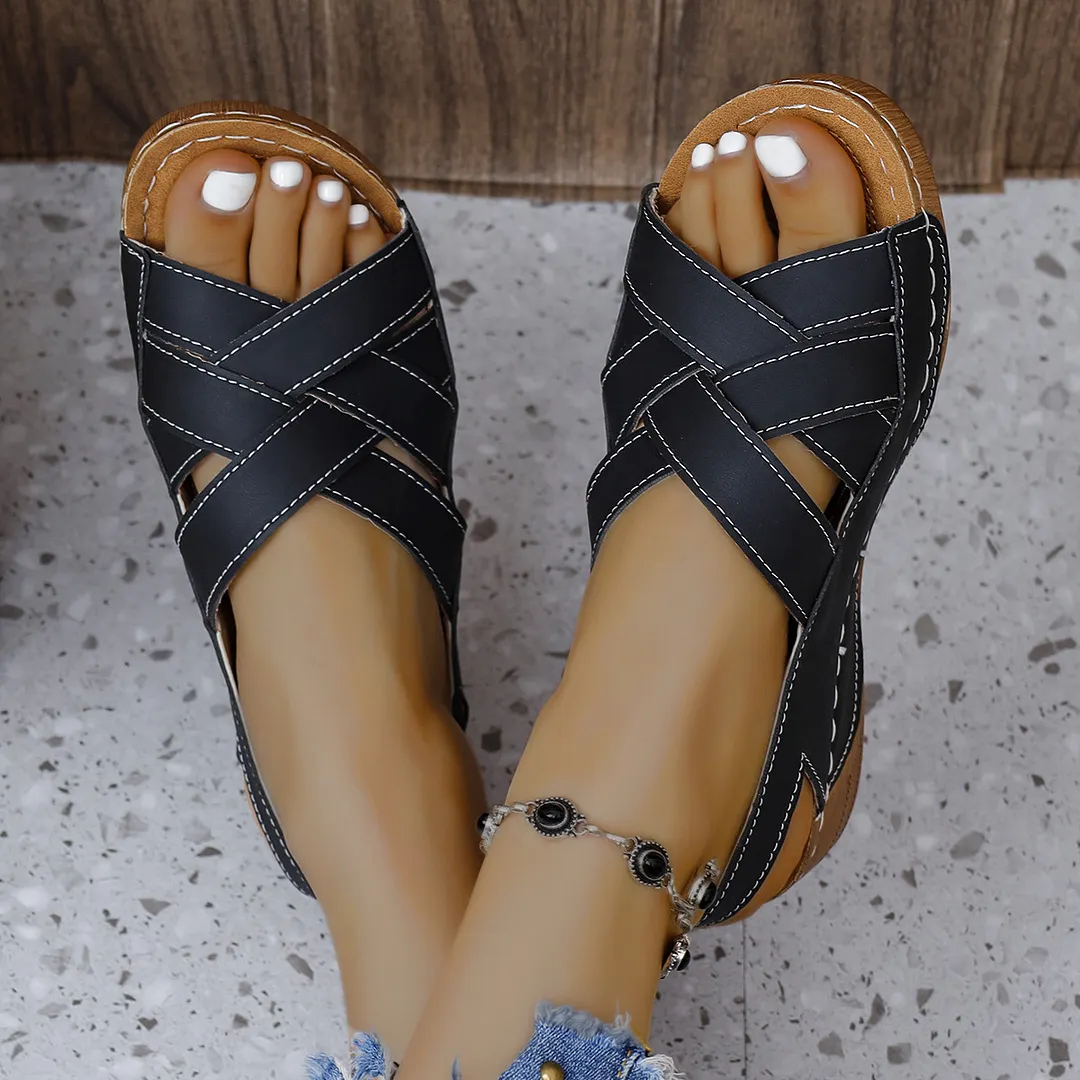 Breakj Breakj Summer New Slope With Magic Sticky Fish Mouth Roman Sandals Women Large-Size Thick-Soled Sandals Women