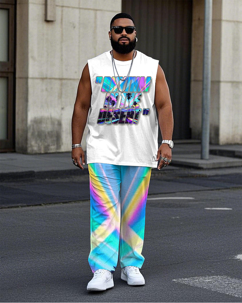 Men's Plus Size Street Fashion Laser Gradient Rhythm In The Desert Letter Print Vest Pants Suit