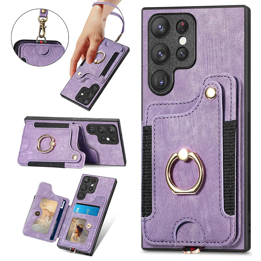 Luxury Retro Leather Phone Case With Elastic 3 Cards Wallet,Ring,Kickstand And Detachable Lanyard For Galaxy S22/S22+/S22 Ultra/S23/S23+/S23 Ultra/S24/S24 Plus/S24 Ultra