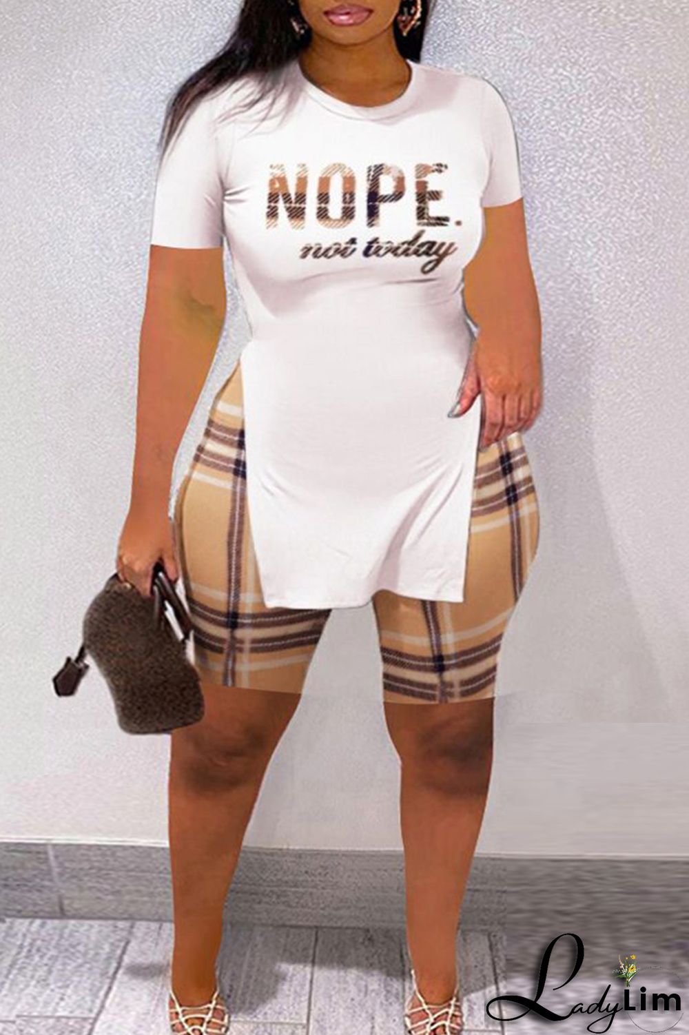 Yellow Fashion Casual Letter Print Slit O Neck Plus Size Two Pieces