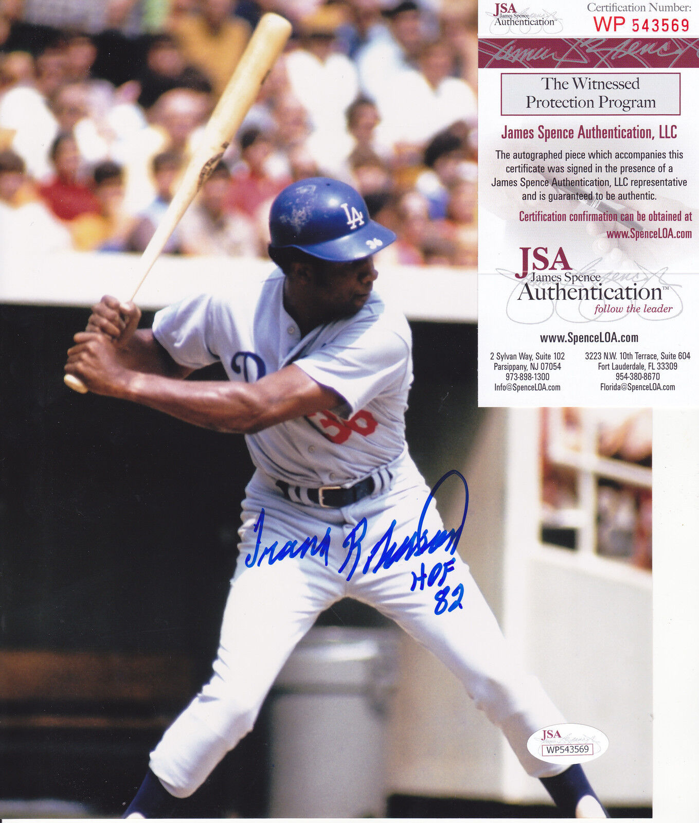 FRANK ROBINSON LOS ANGELES DODGERS HOF 82 JSA AUTHENTICATED SIGNED 8x10