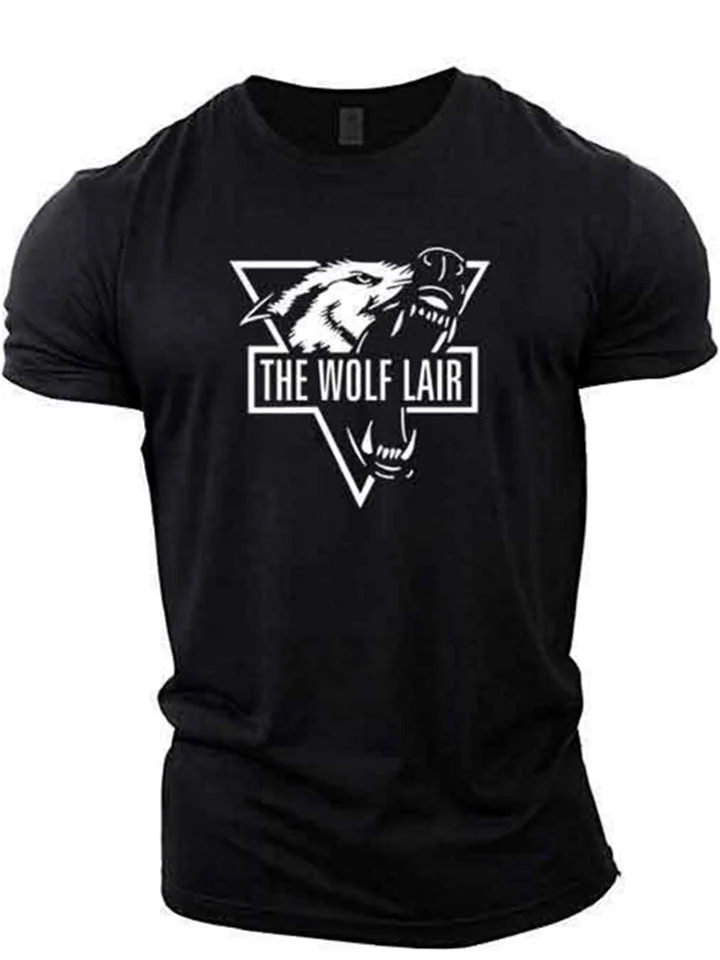 Men's Flow Letter THE WOLF LAIR Short Sleeve Stretch Athletic Fitness Short Sleeve T-Shirt
